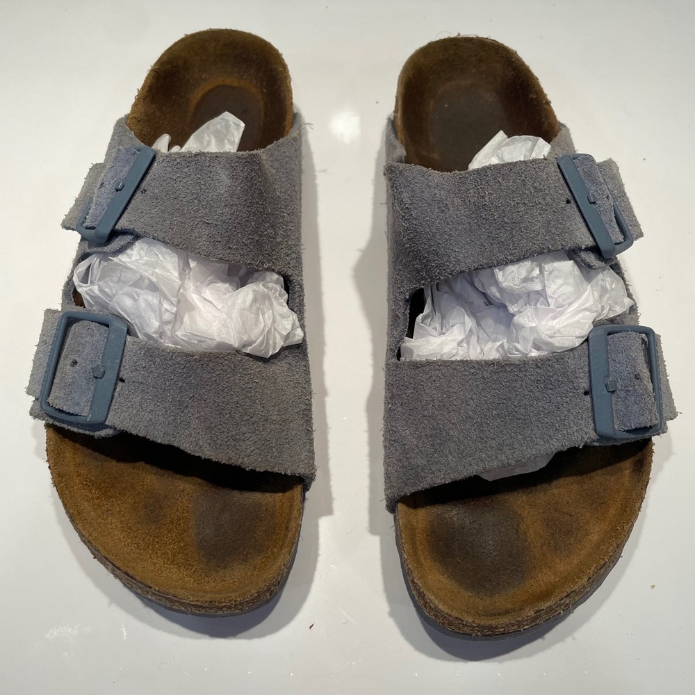 Birkenstock Arizona Suede Leather Sandals Blue Gray Two Strap Slide Womens 6